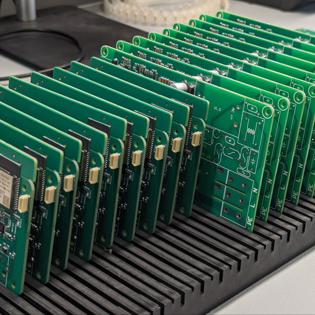 Batch of assembled PCBs at the Fluvius hardware development lab in Chisinau, Moldova
