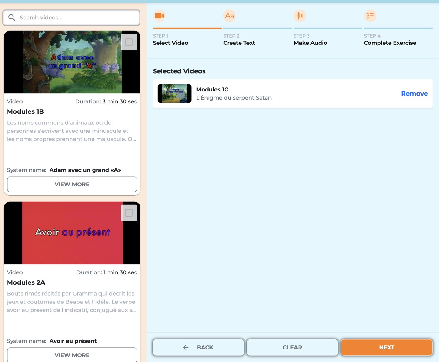 The lesson authoring tool: a searchable library of teaching videos on the left and a four-step flow across the top — select video, create text, make audio, complete exercise