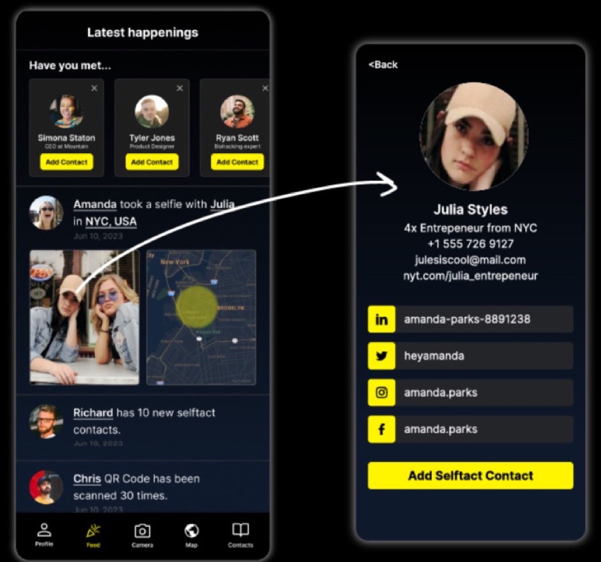 Two phone screens from the networking app: a captured selfie on the left and the enriched contact it produced on the right