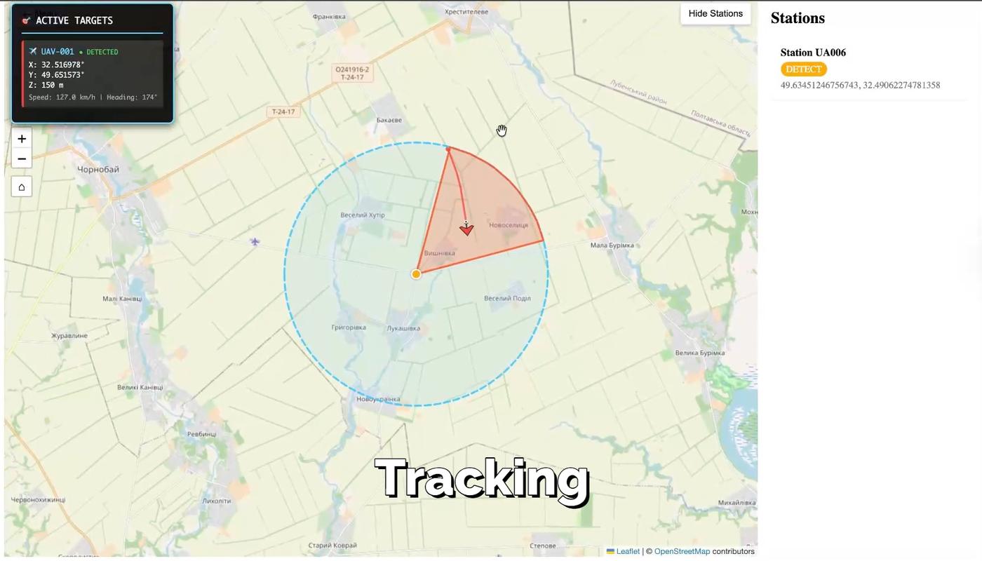 A detection console: a map with an active target, its coordinates, altitude, speed and heading, and the sensor stations reporting it