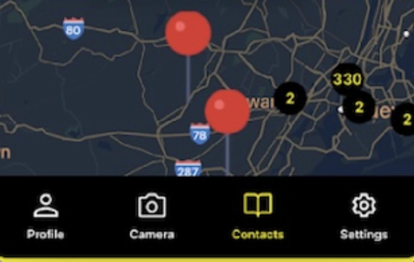 A mobile contacts screen from the AI networking app: people captured at an event shown as clustered pins on a dark map, with a four-item tab bar across the bottom for profile, camera, contacts and settings