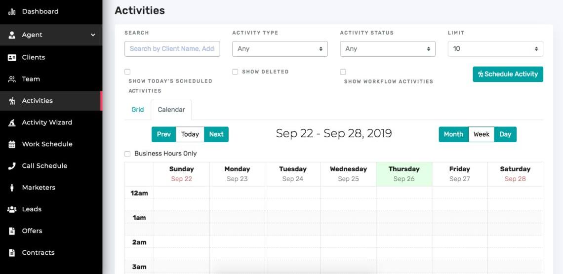 An operational platform we built: a scheduling board with filters, a week calendar and the working navigation down the left