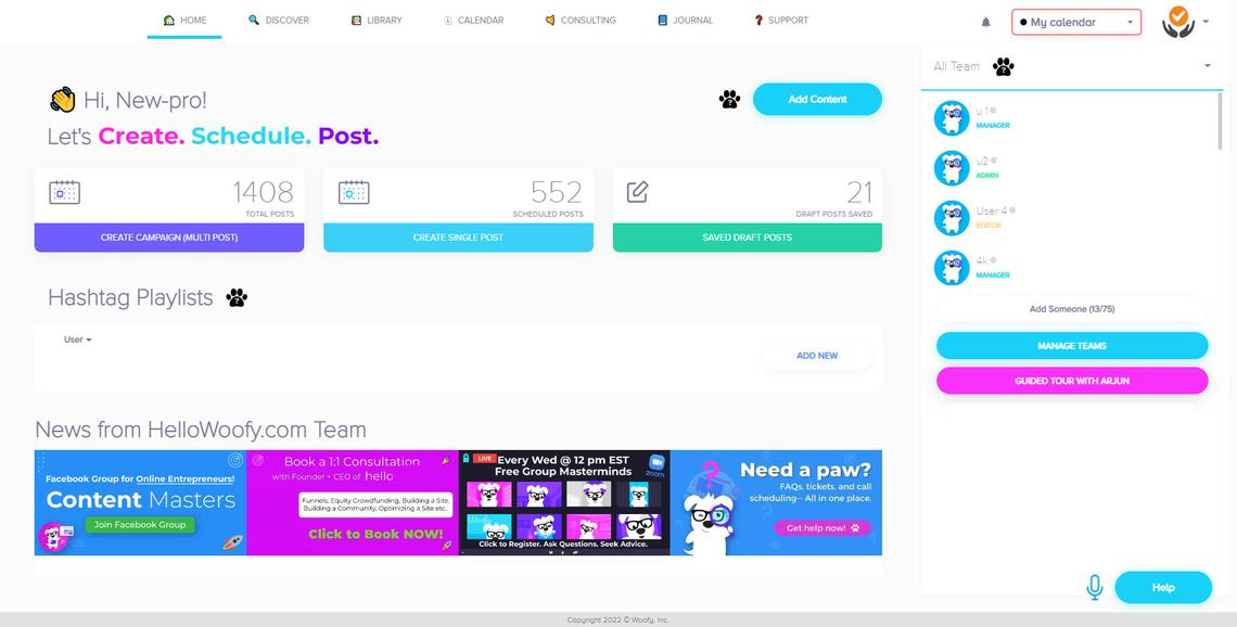 A publishing dashboard we built: campaign and single-post actions above counts of total, scheduled and draft posts, hashtag playlists below, and the team panel alongside