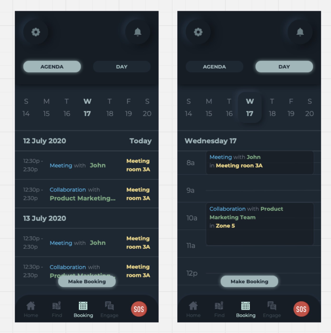 The booking screen showing desk and room availability driven by live occupancy sensors