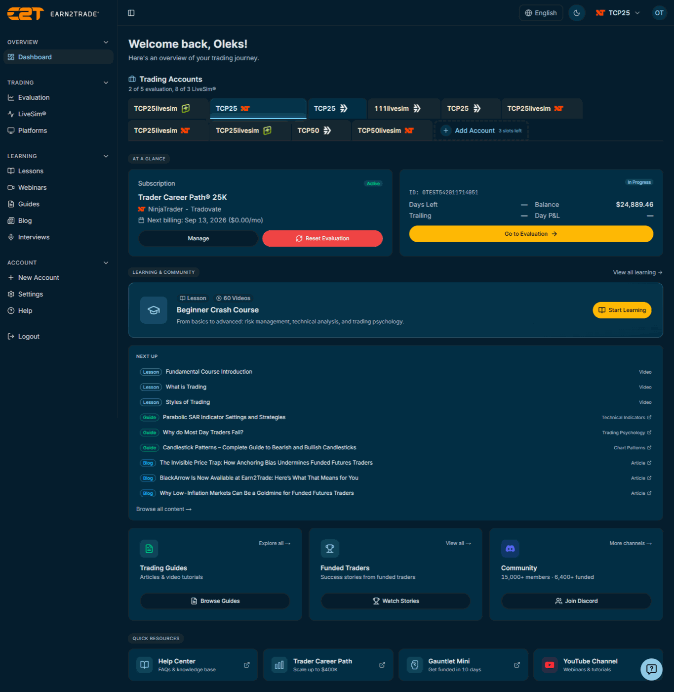 Trader dashboard: the account switcher, subscription and evaluation status, and the learning and community rails beneath them