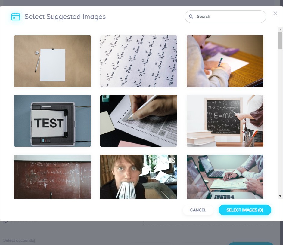 Suggested-images picker: a searchable stock library opened from the composer