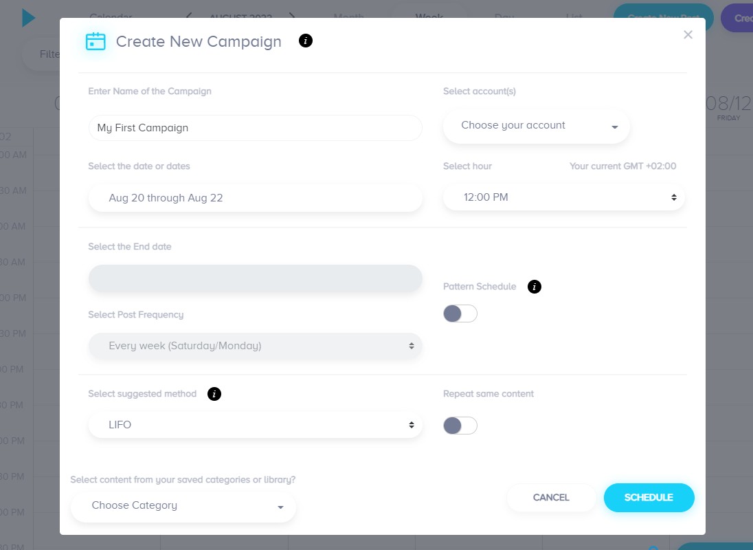 Campaign composer: name, date range, posting hour, frequency and category for a multi-post campaign