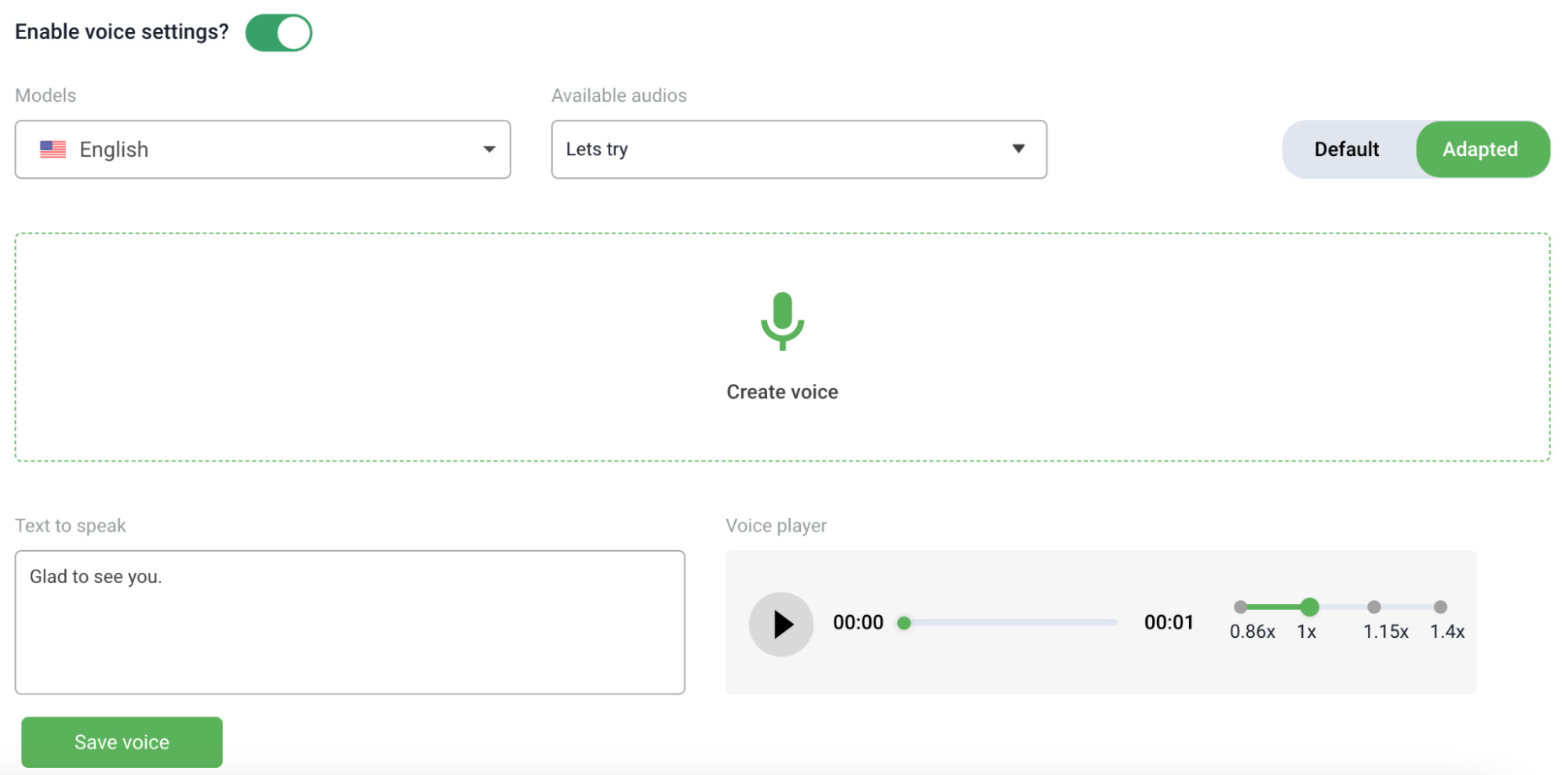 The voice settings screen of the digital employee: a language model, a stored voice, a default or adapted setting, the text to speak and a playback speed
