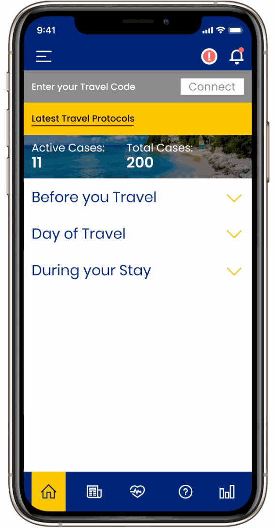 Epidemic control platform home screen on a phone: a travel code field, the latest protocols and the national case counts