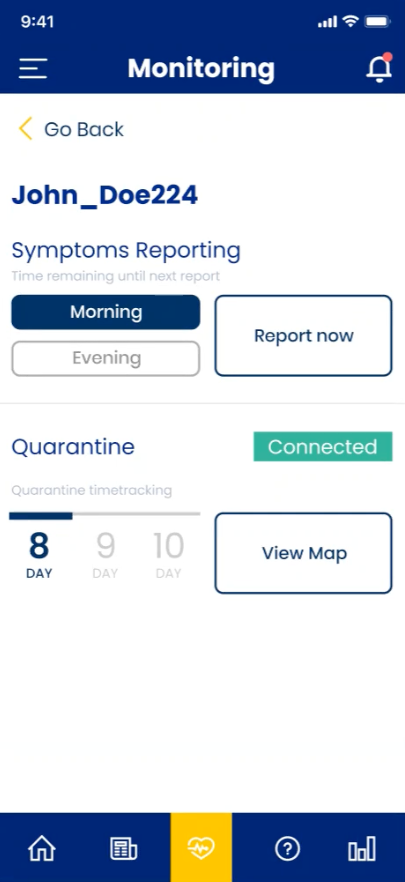 Epidemic control platform monitoring screen: morning and evening symptom reporting and a quarantine day counter