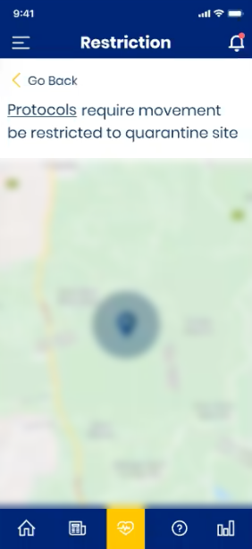 Epidemic control platform restriction screen with the quarantine site marked on a map