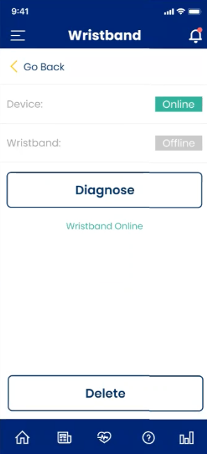 Epidemic control platform wristband screen showing a paired device online with a diagnose action