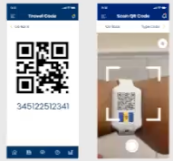 Close-up of the wearable pairing detail: the QR code that binds a bracelet to a traveller record