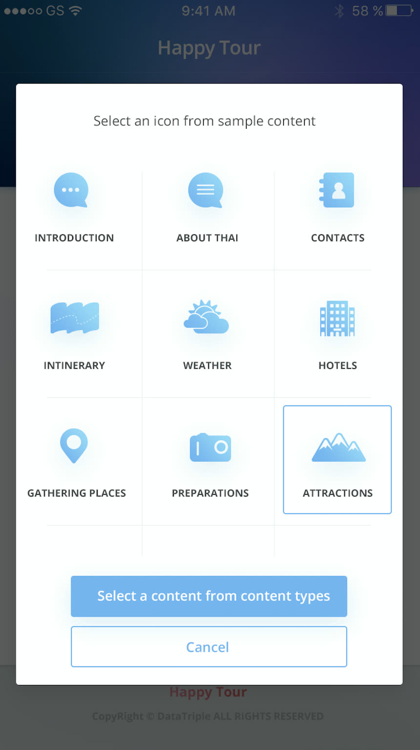 GuideZang — the published guide on a phone: picking content types