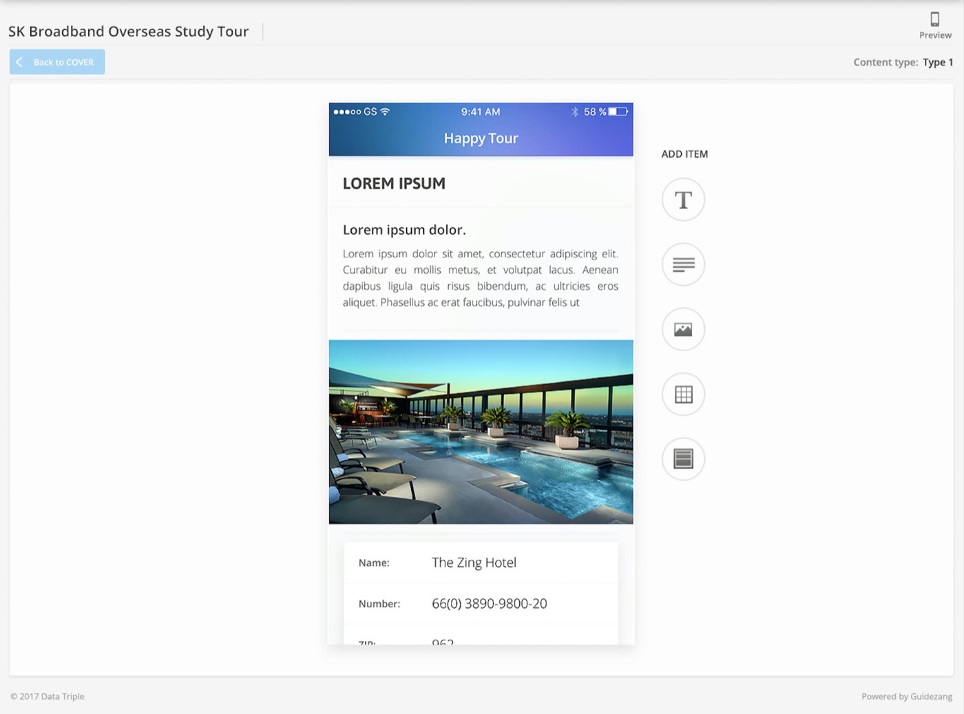 GuideZang — editing a destination page with text and photos
