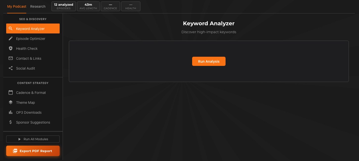 The analysis suite module list — SEO and discovery modules alongside content strategy modules, with a run-all control and PDF export