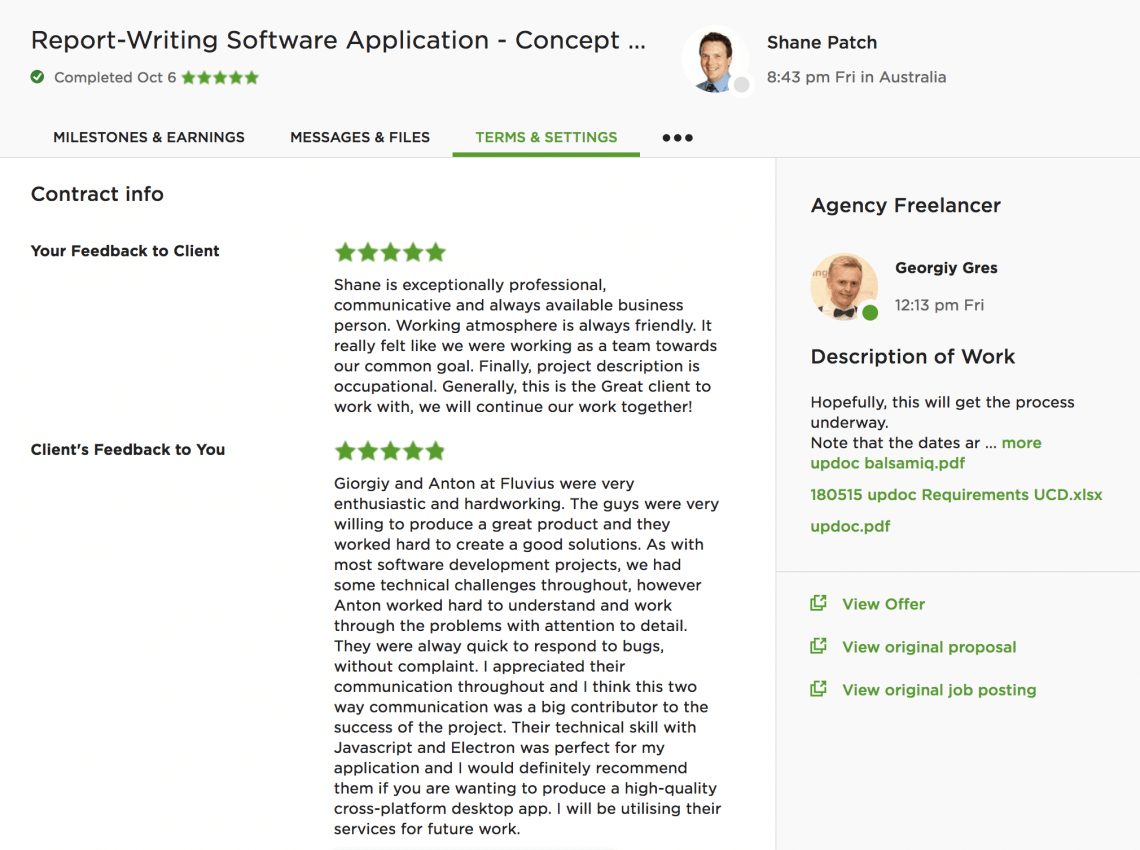 The client's five-star Upwork review of the Updoc engagement, alongside the contract details